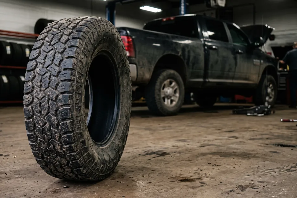 All-terrain truck tires with the load range letter visible on the sidewall